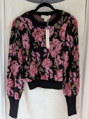 saltwater LUXE Black Pink Floral Crewneck Sweater with Olive Accents